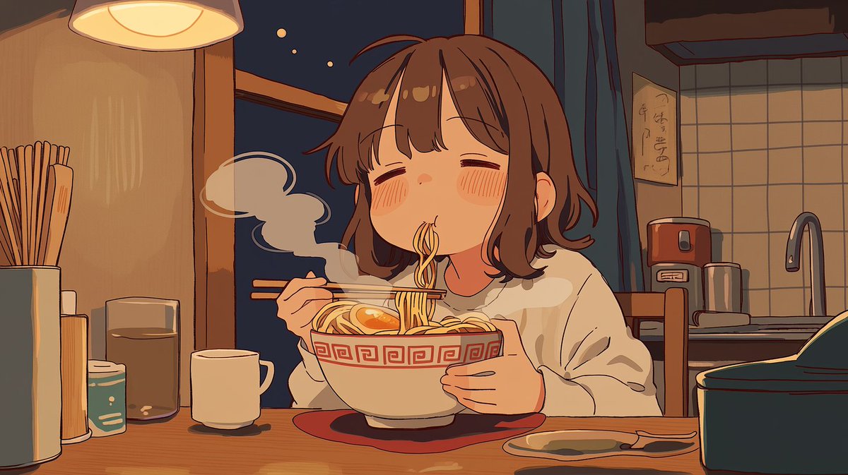 Sleepy Woman Eating Ramen at Night