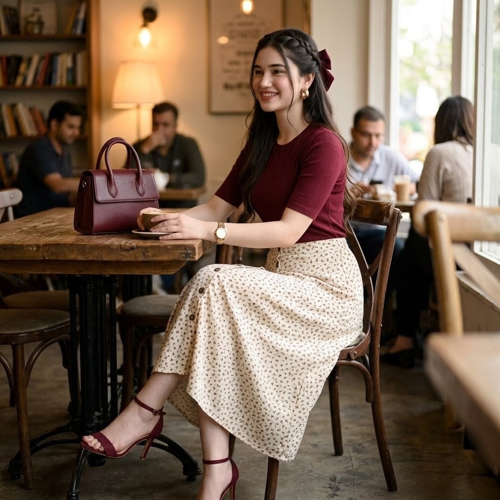 Cozy Café Maroon Outfit Portrait