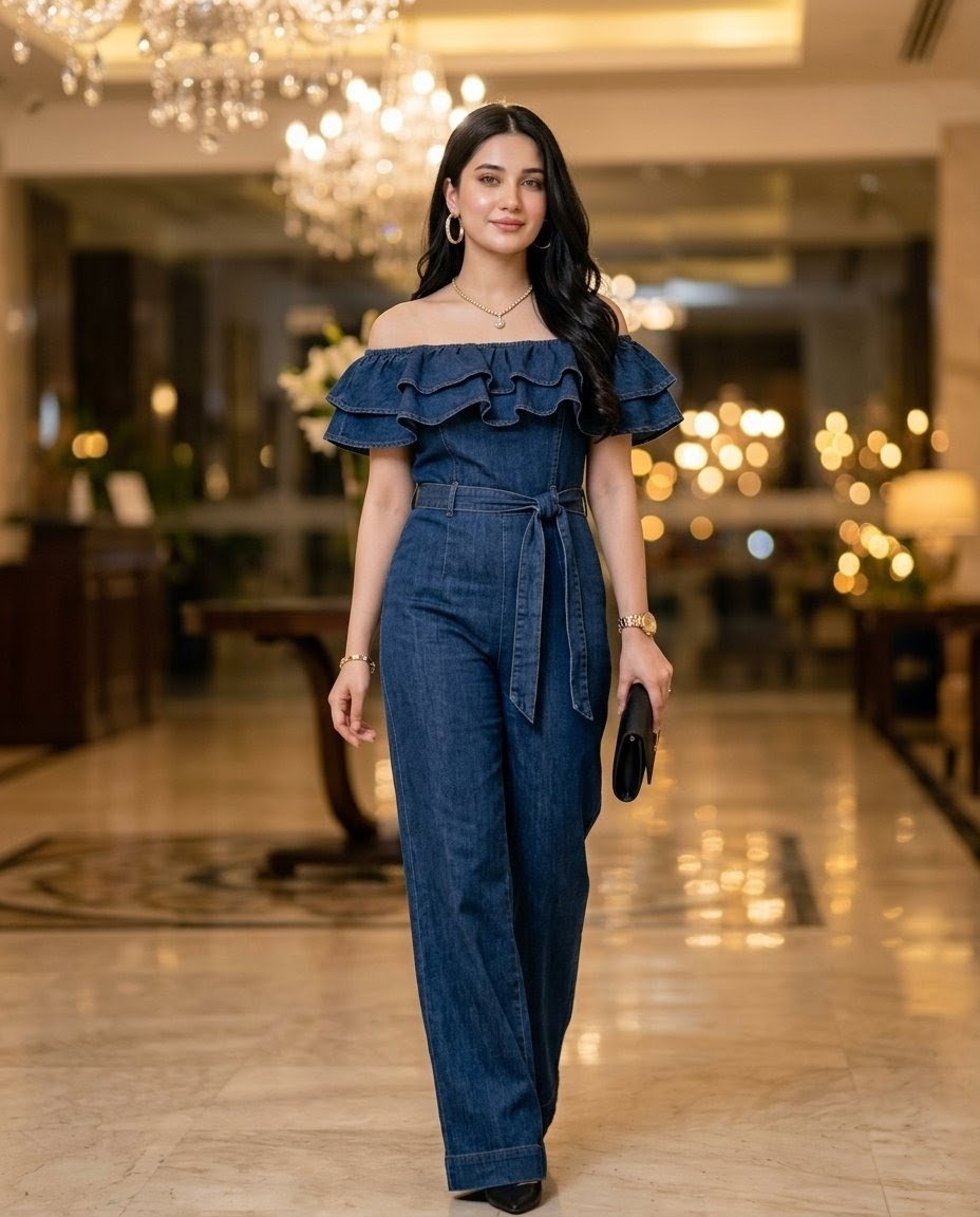 Luxury Lobby Denim Jumpsuit Portrait