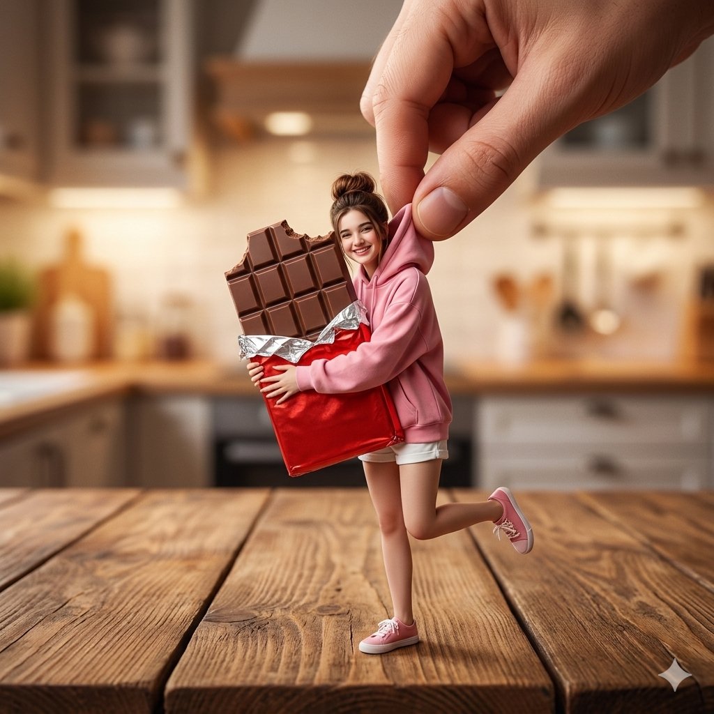 Miniature Woman Hugging Giant Chocolate