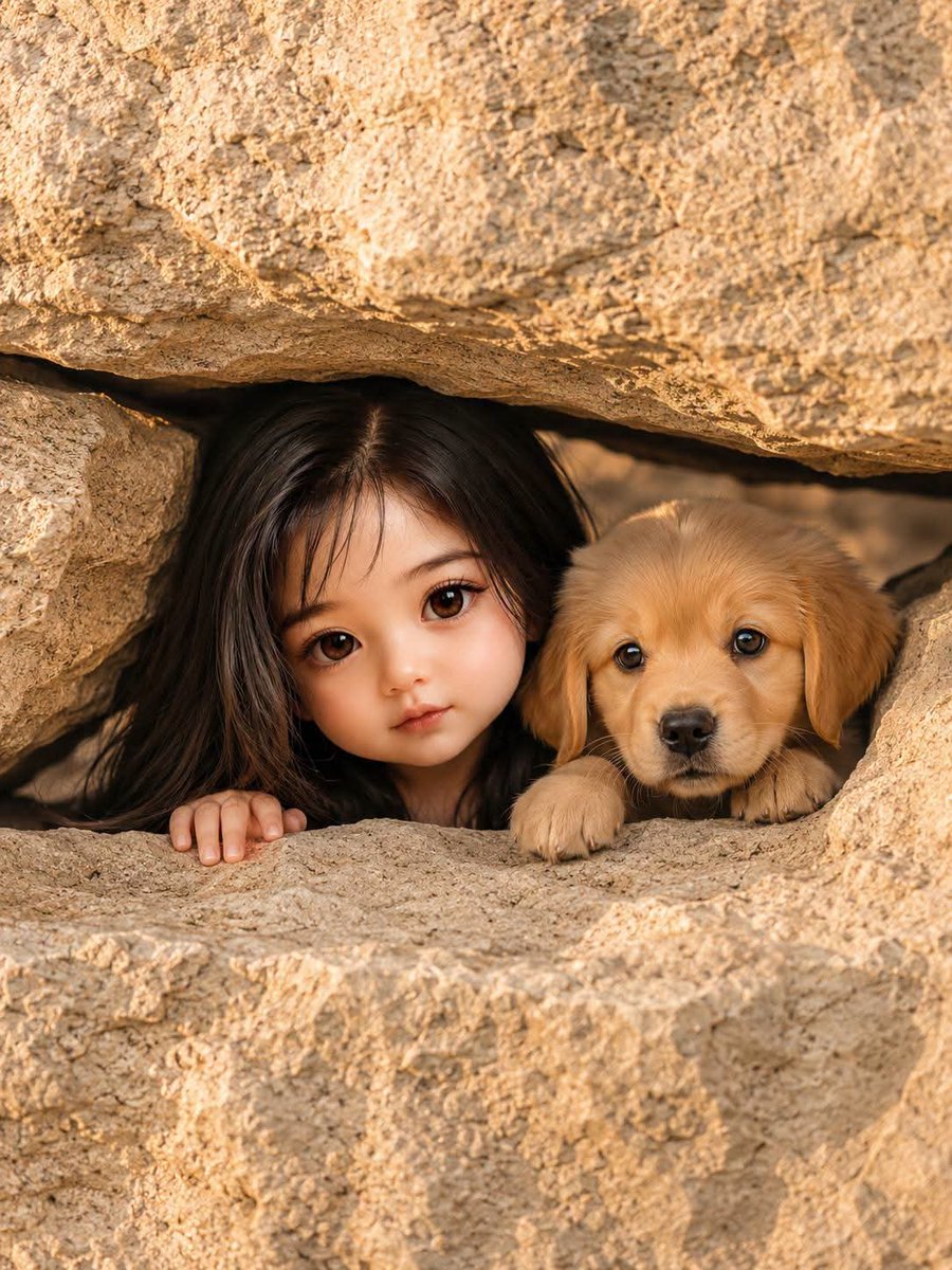 Fille et Chiot dans Fissure Grès