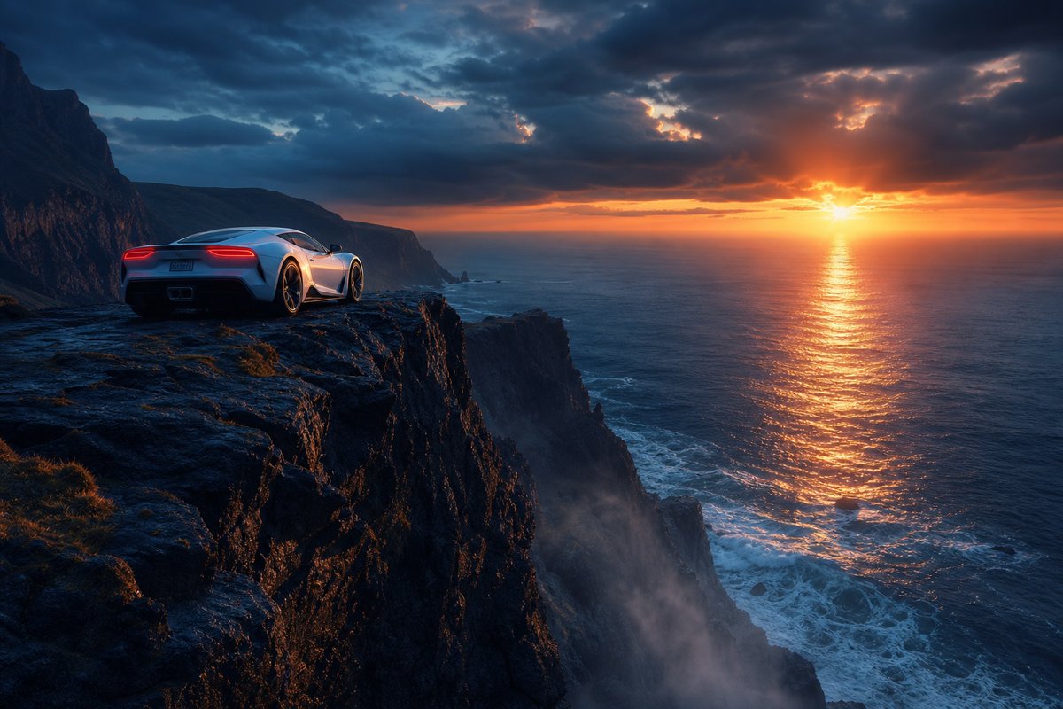 Sports Car on Ocean Cliff at Sunset