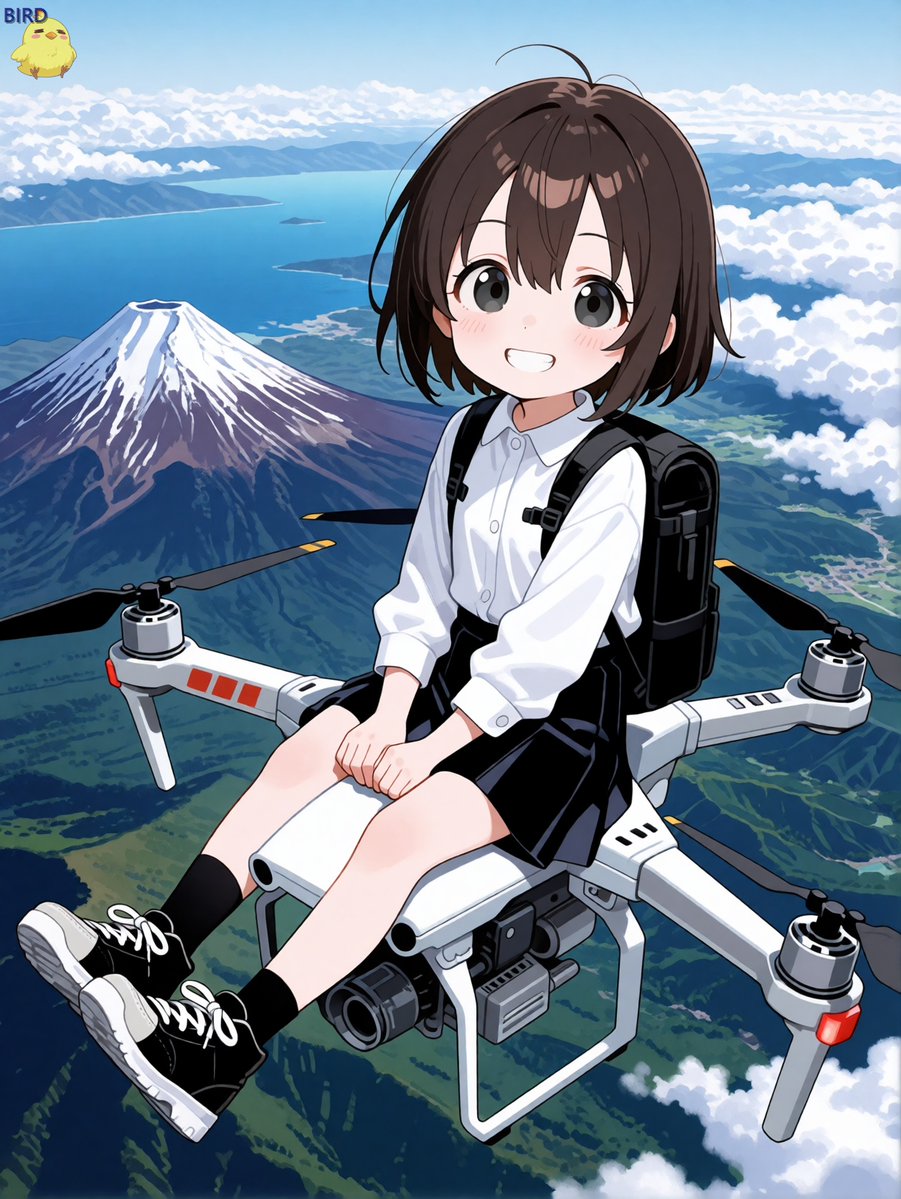 Anime-Mädchen reitet Drohne über Fuji