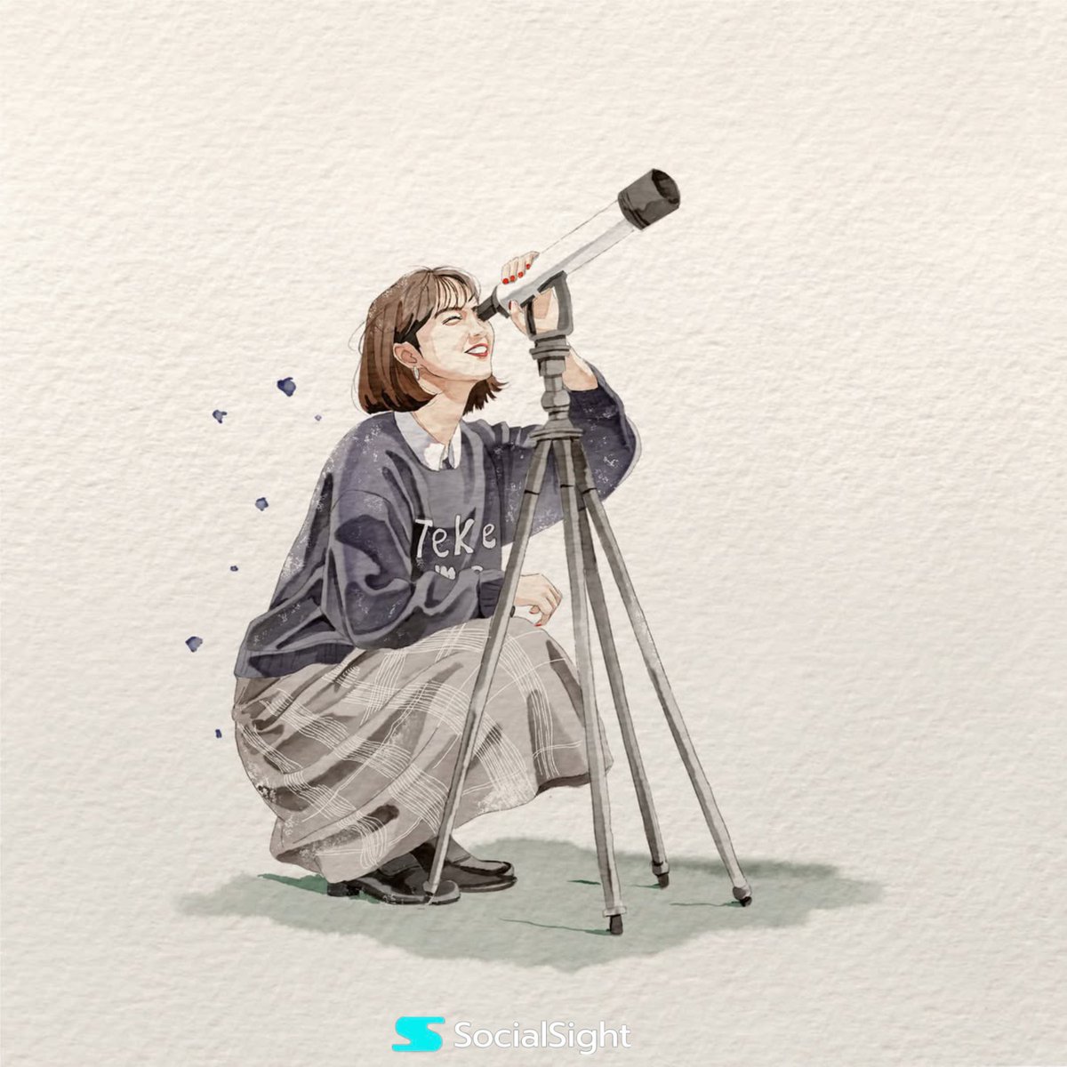 Aquarell-Illustration einer Frau mit Teleskop (1/2)