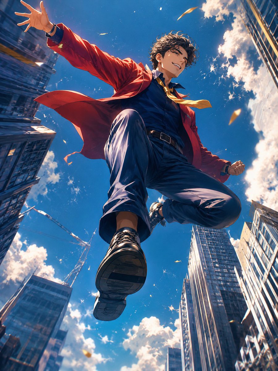 Herói Anime Saltando pelo Céu da Cidade