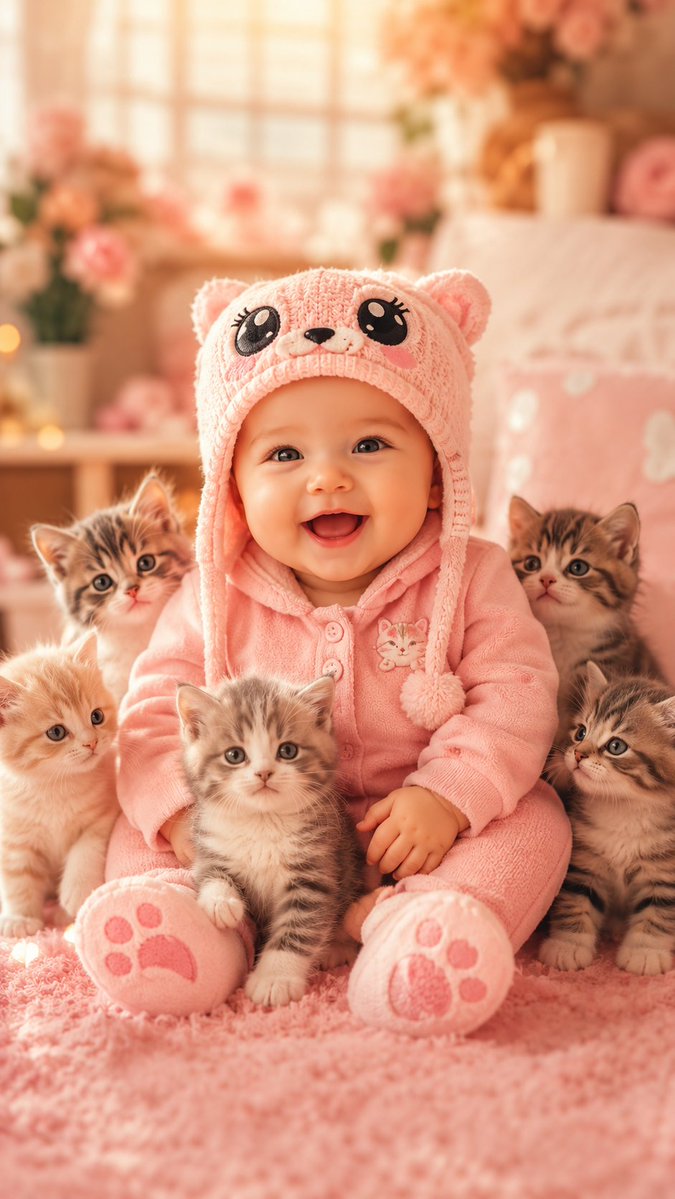 Bébé Souriant avec Cinq Chatons
