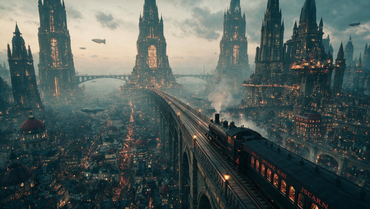 High-Angle Steampunk City Train View