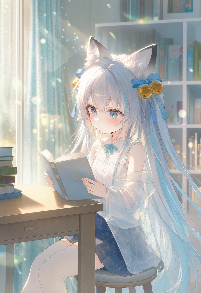 Ragazza con Orecchie da Gatto alla Luce del Sole che Legge
