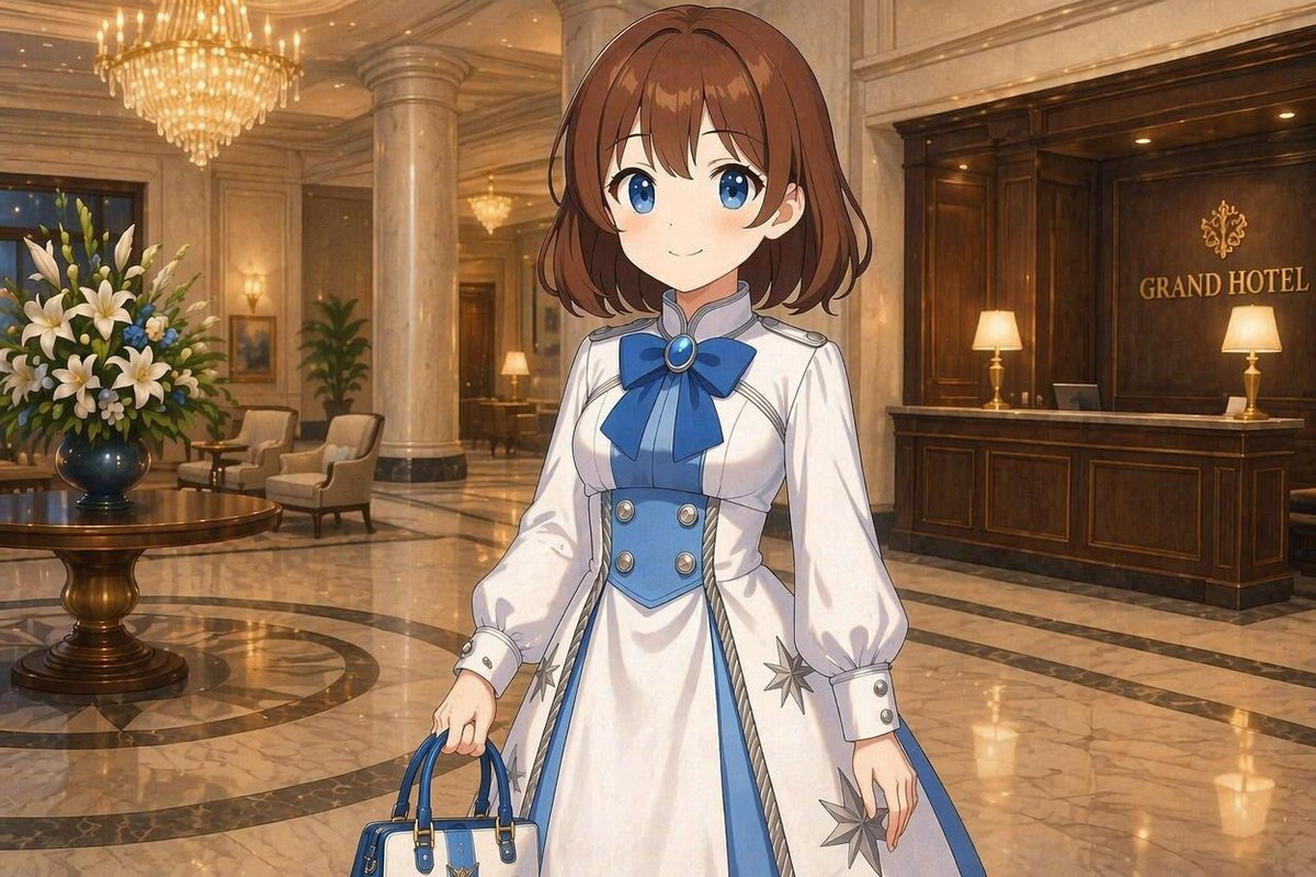 Anime-Hotelangestellte in großer Lobby