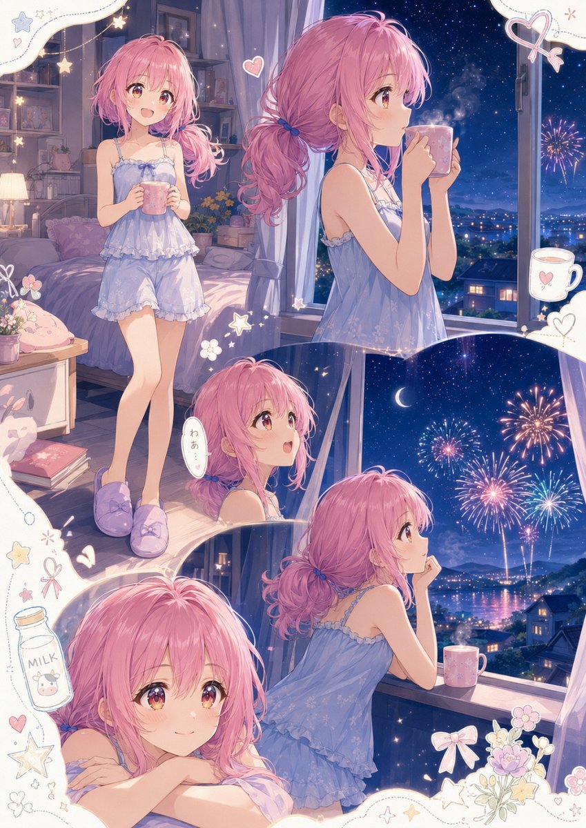 Anime Summer Night Fireworks Collage