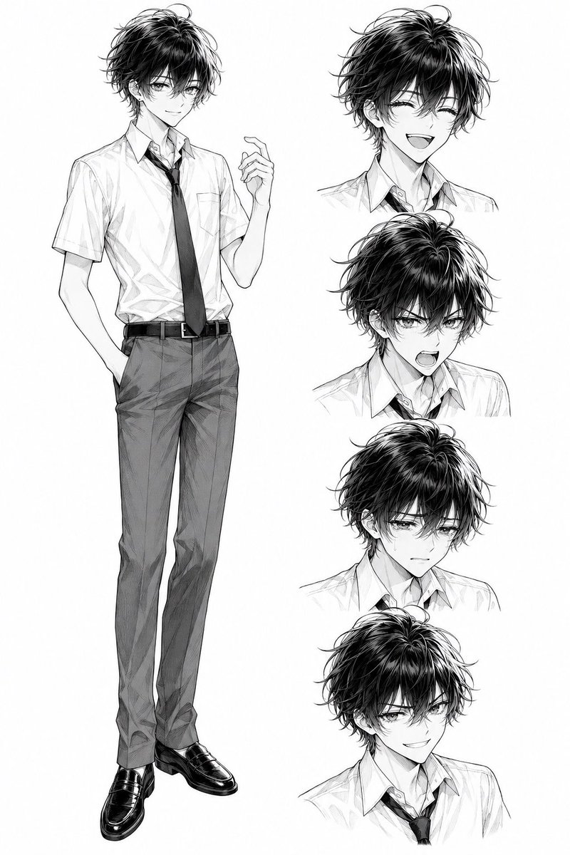Monochrome Anime Schoolboy Expression Sheet