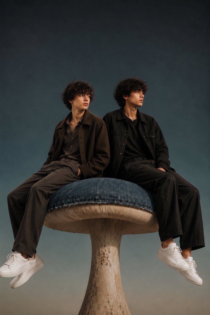 Retrato de Moda Gemelo en Hongo Gigante