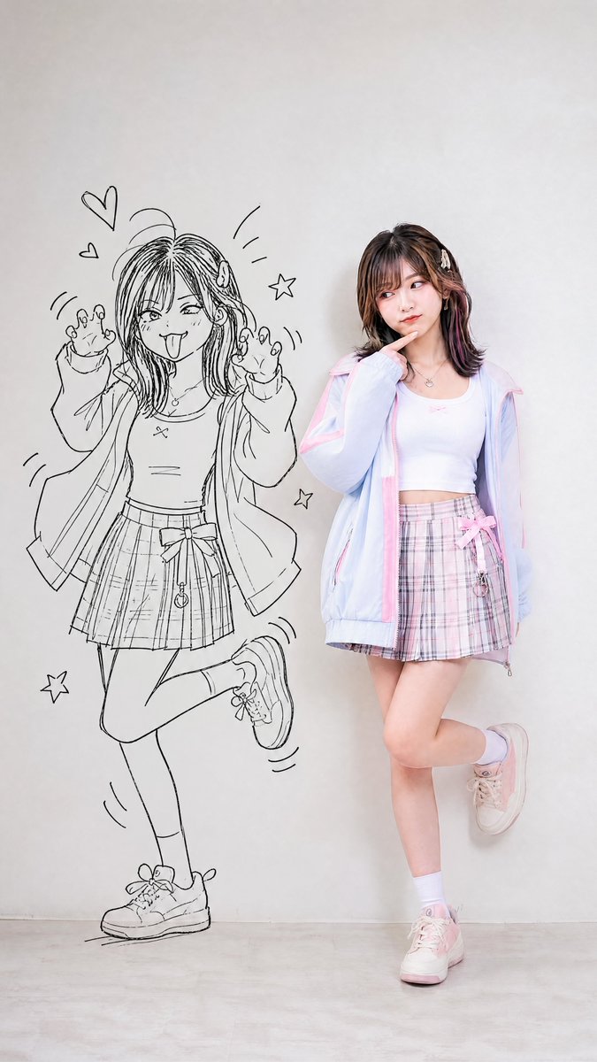 Kawaii-Mädchen mit Manga-Wandkritzelei (1/4)