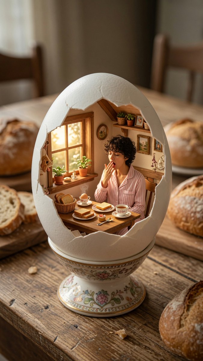 Miniatur-Frühstücksraum in Eierschale