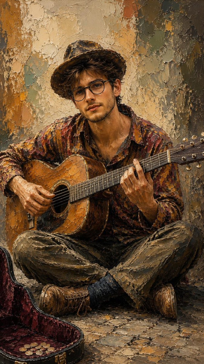 Músico Callejero Pintado al Óleo Impasto