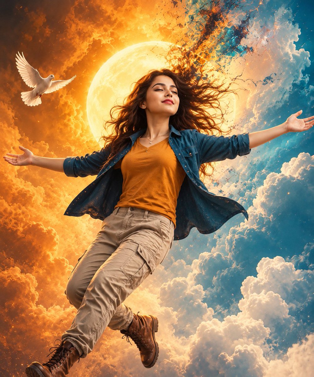 Femme Flottant dans des Nuages Célestes