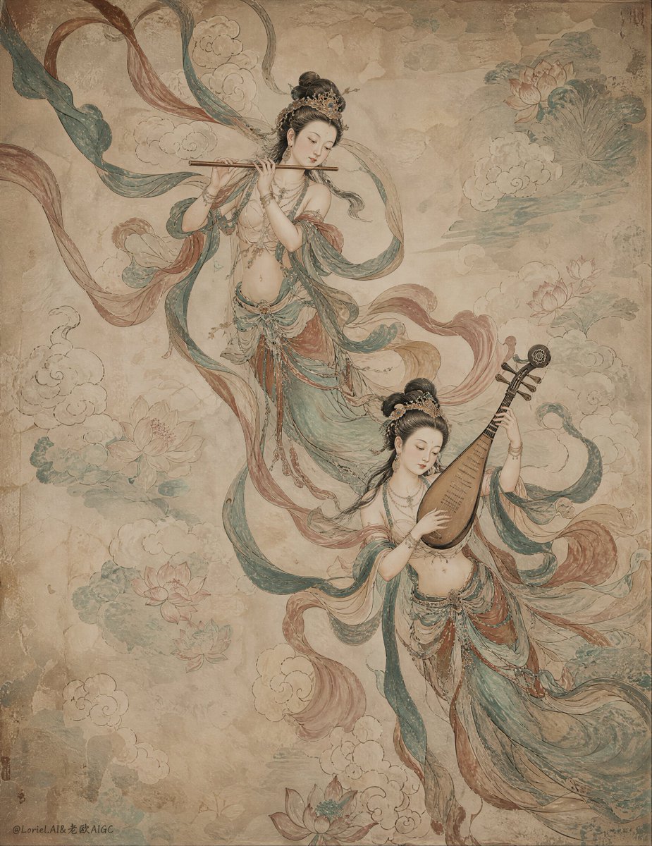 Mural Chinois Ancien de Musiciens Célestes