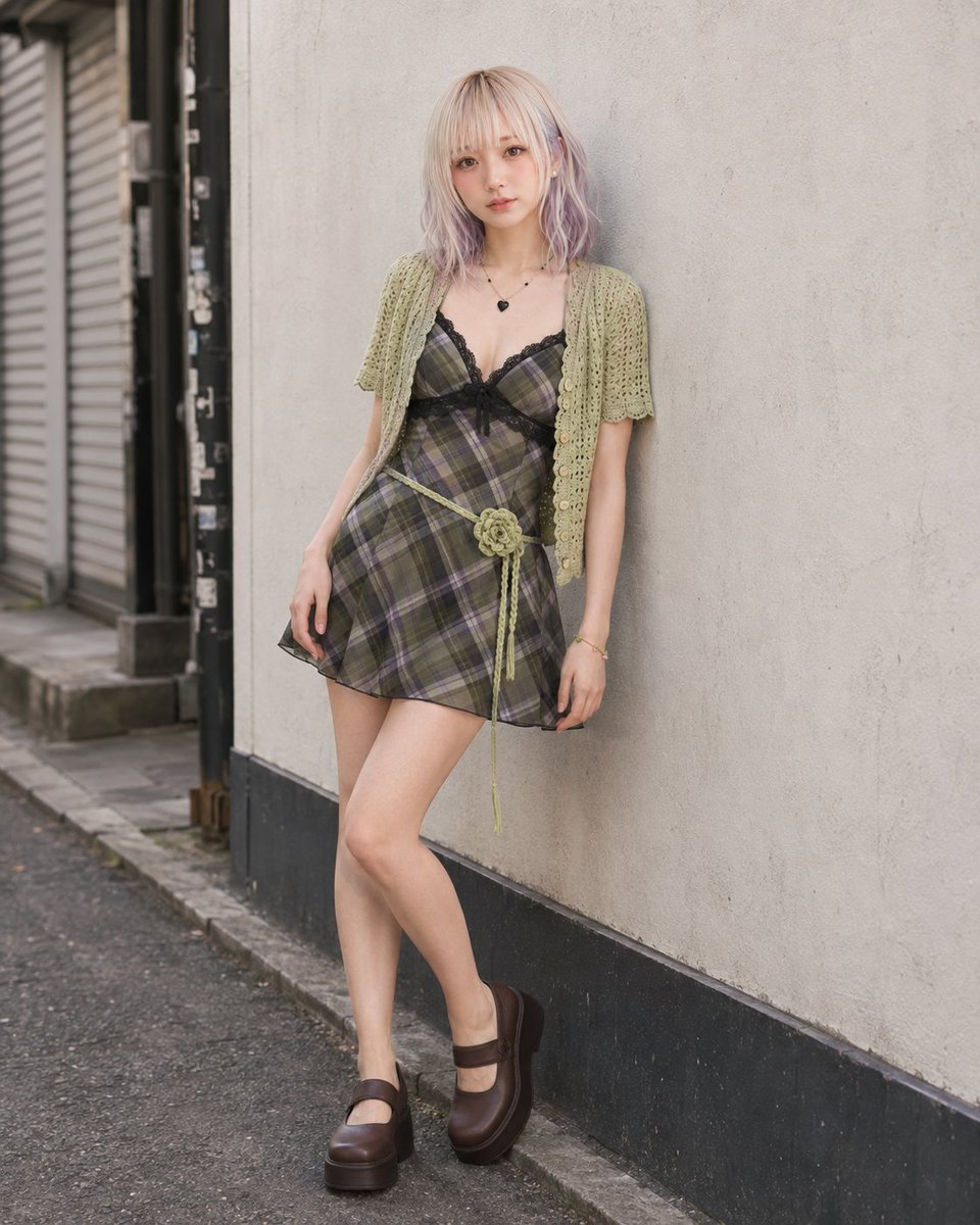 Pistachio Crochet Cardigan and Plaid Mini Dress (1/3)