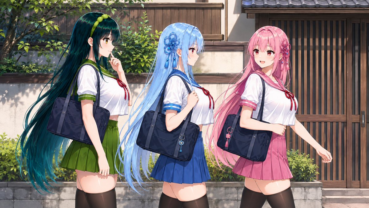 Trois Écolières Anime Marchant