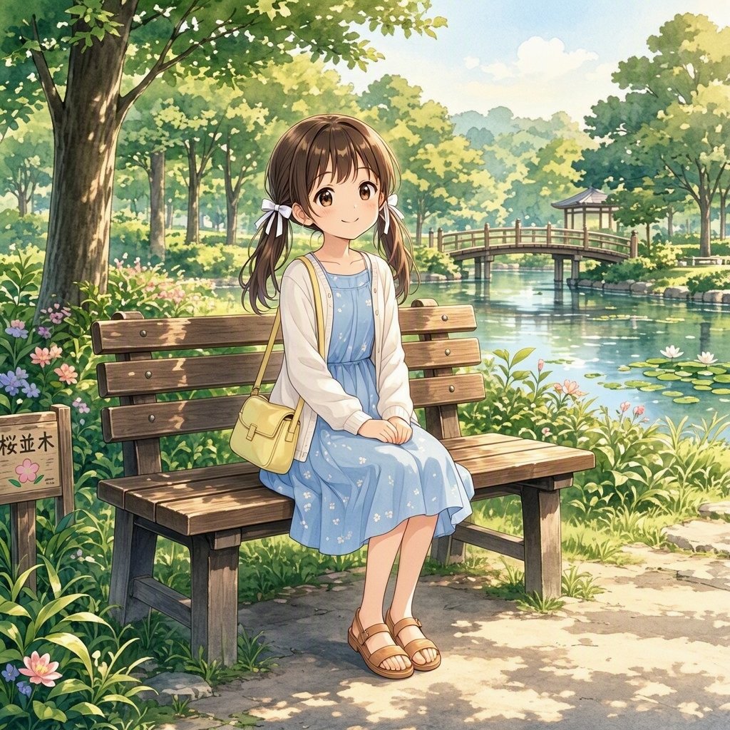 Ragazza anime su una panchina del giardino (1/2)