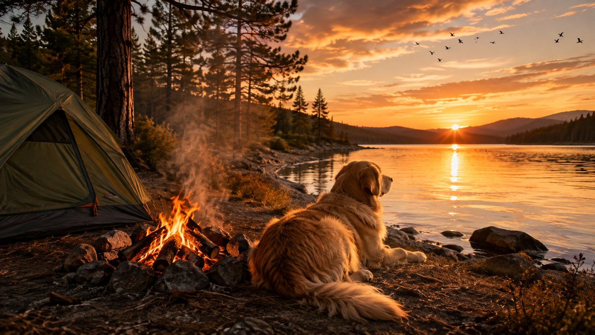 Golden Retriever Sunset Campfire Photography