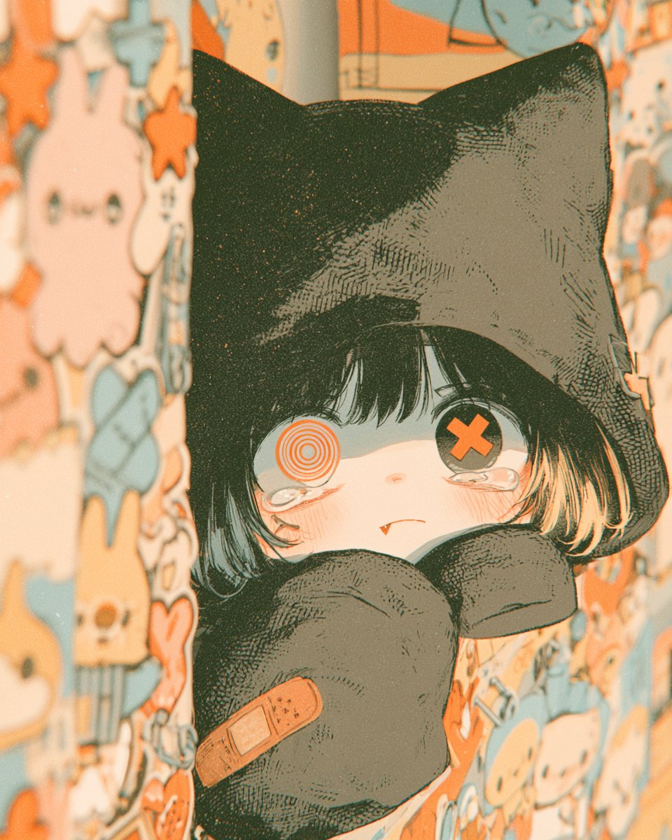 Gothic Kawaii Katzenmädchen lugt hinter Vorhang hervor