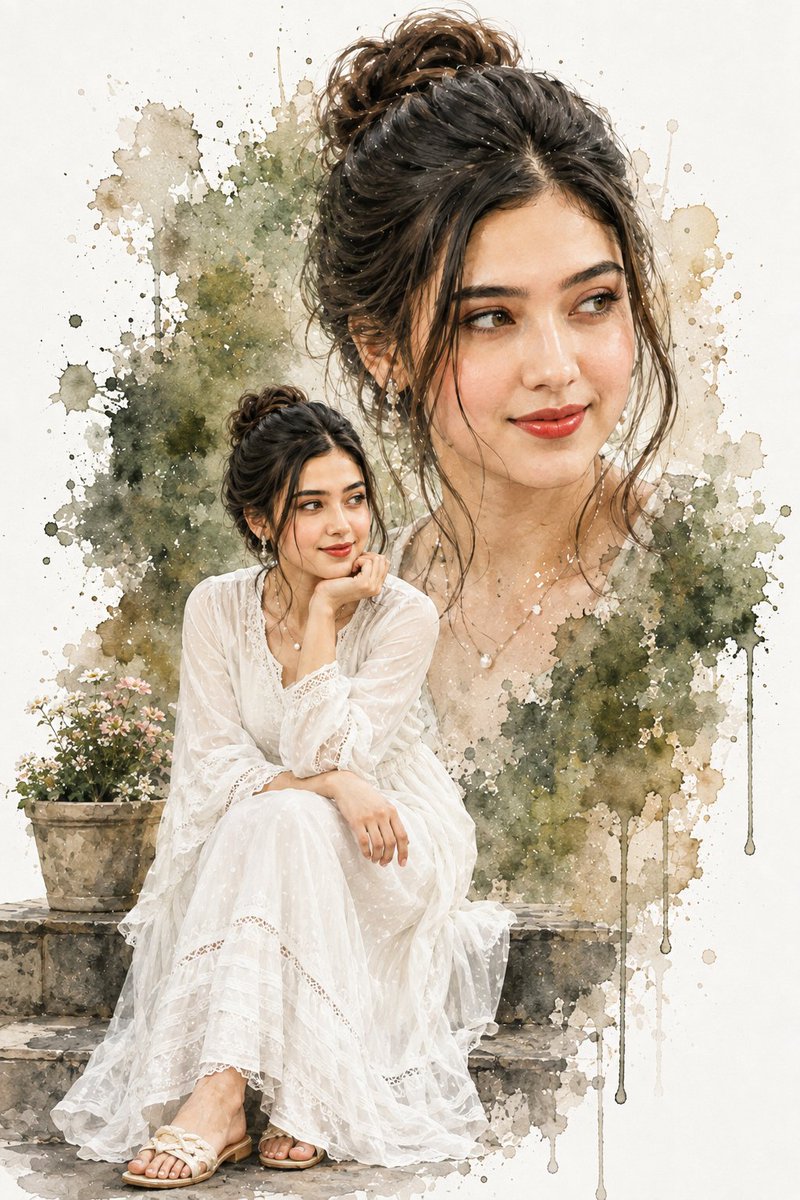 Double Exposure Watercolor Woman Portrait (1/2)