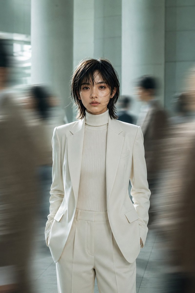 Still Woman in Motion-Blurred Lobby