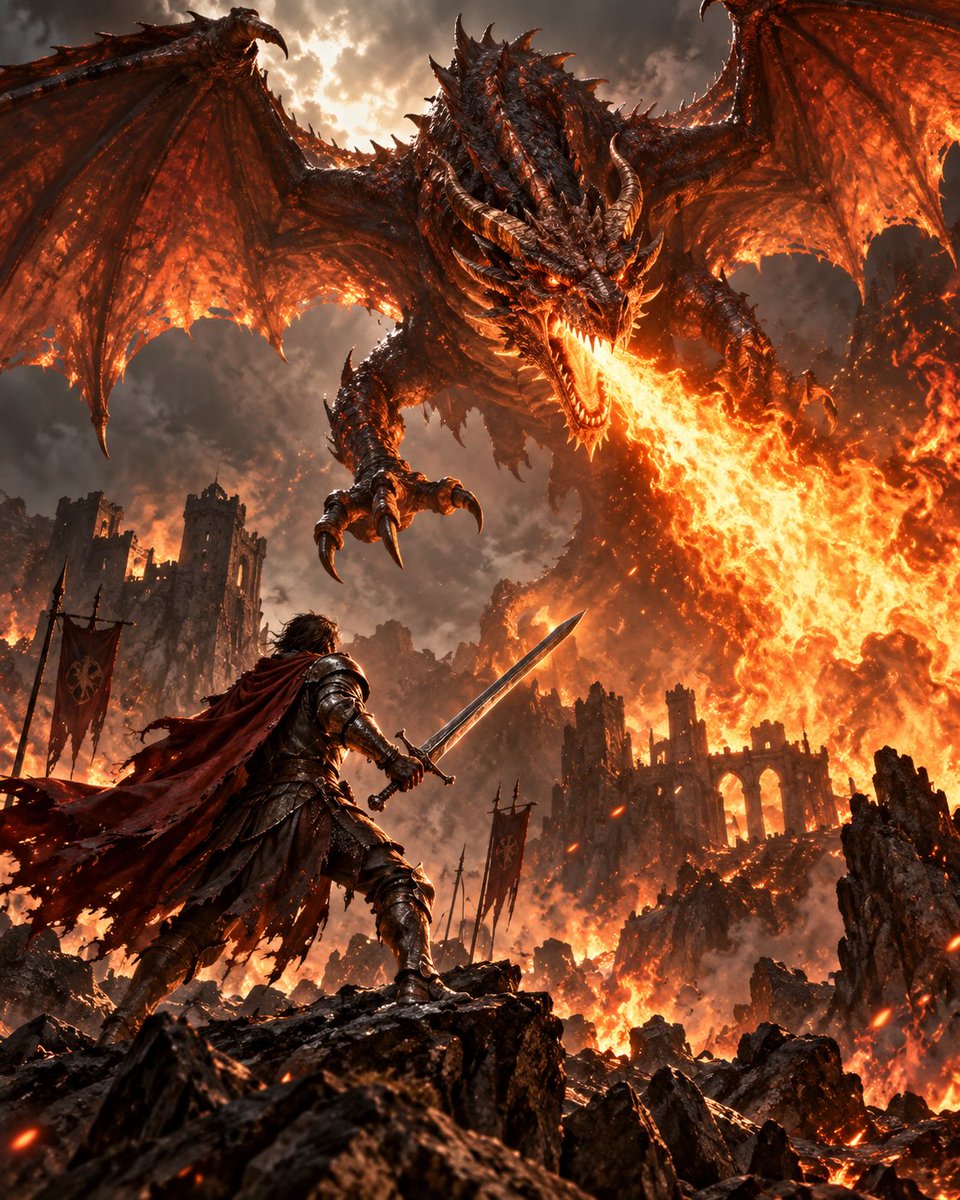 Warrior vs Fire Dragon Fantasy Art