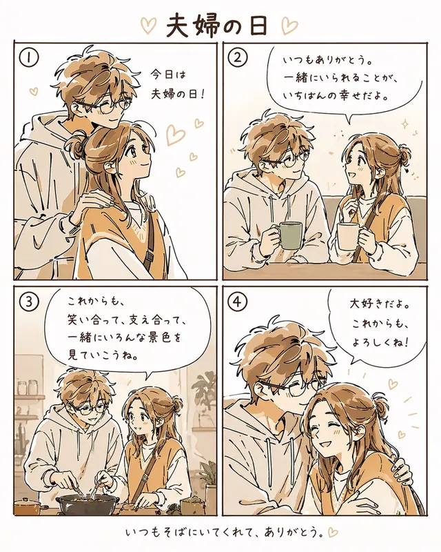 Warmer beige 4-Panel-Comic für Ehepaare
