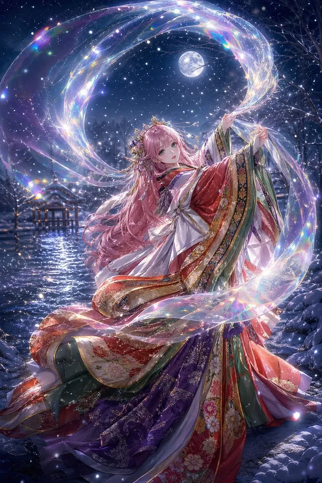 Danzatrice Kimono Celestiale al Chiaro di Luna