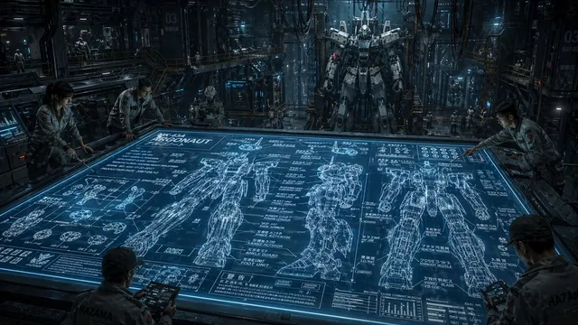 Hangar con progetto di mech fantascientifico