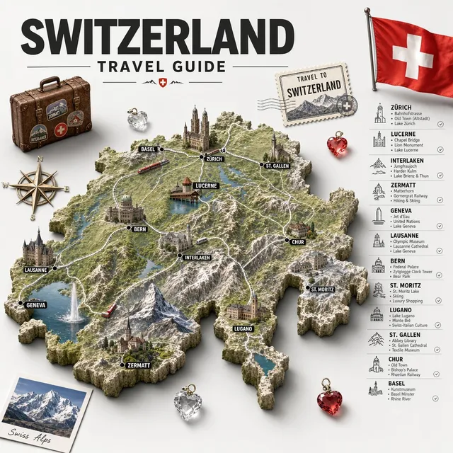 Poster Peta Relief Panduan Perjalanan Swiss