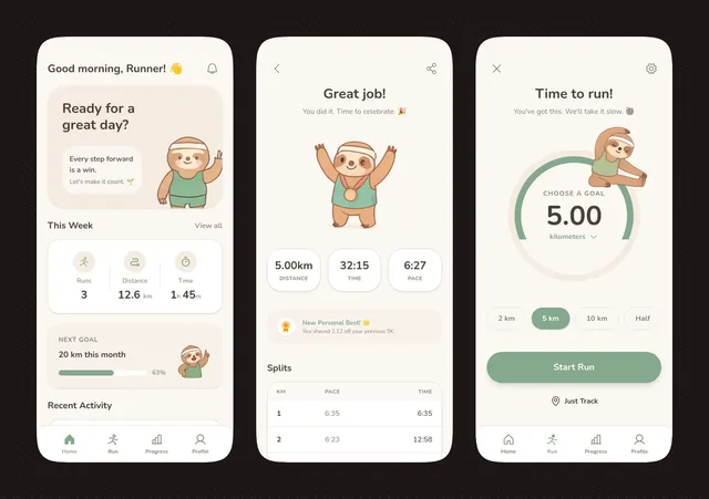 App Running Pastel avec Mascotte Paresseux