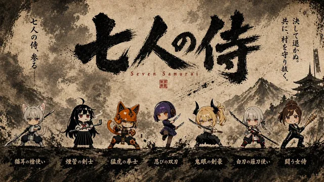 Sieben Chibi-Samurai-Tintenposter