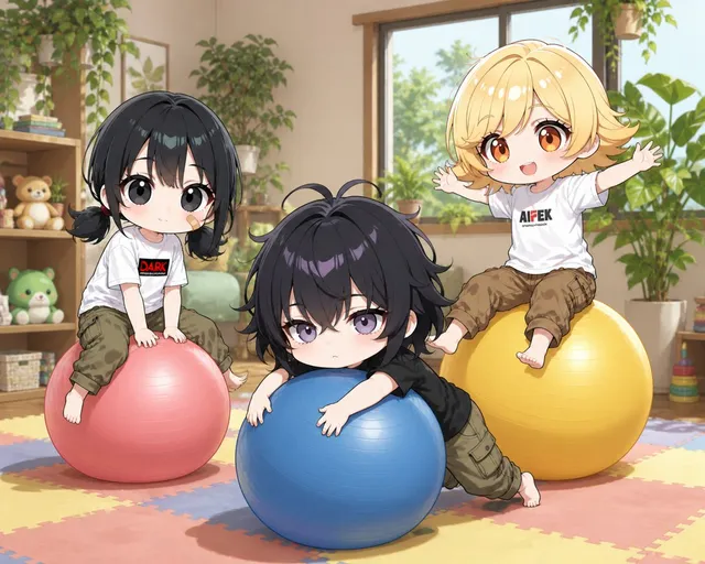 Chibi Kids Playing on Exercise Balls