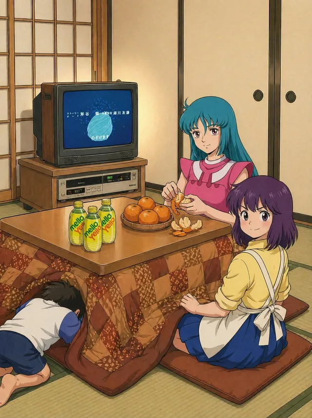 Retro Anime Kotatsu Family Scene