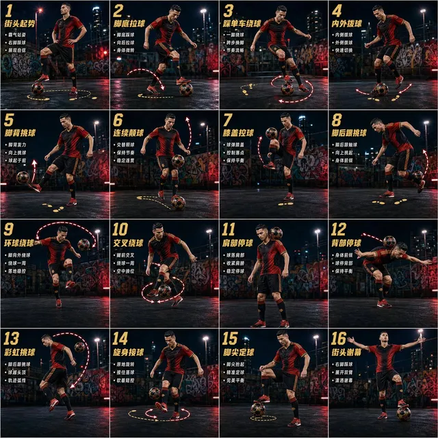 Freestyle-Fußball 16-Schritte-Action-Poster