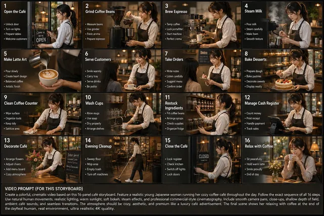 日本のカフェ日常ルーチンストーリーボード
