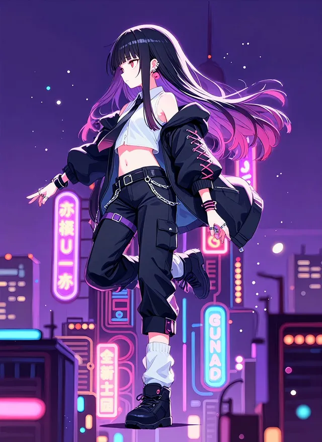 Neon-Mitternachts-Anime-Streetwear-Mädchen
