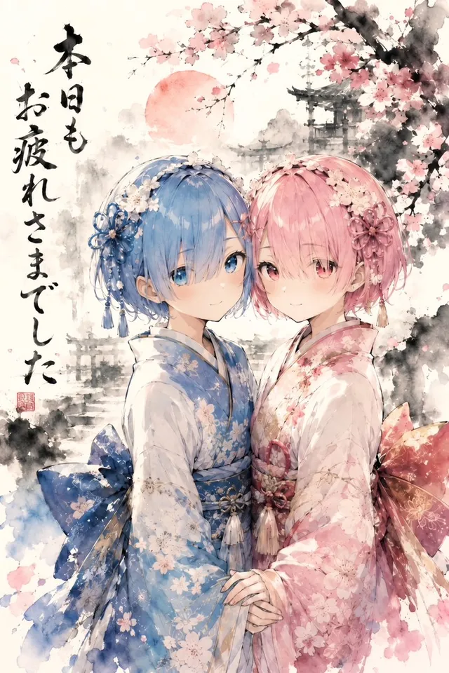 Zwillings-Kimono-Sakura-Aquarell