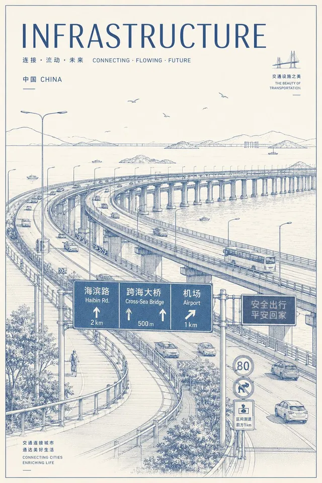 Blue Line-Art Infrastructure Poster