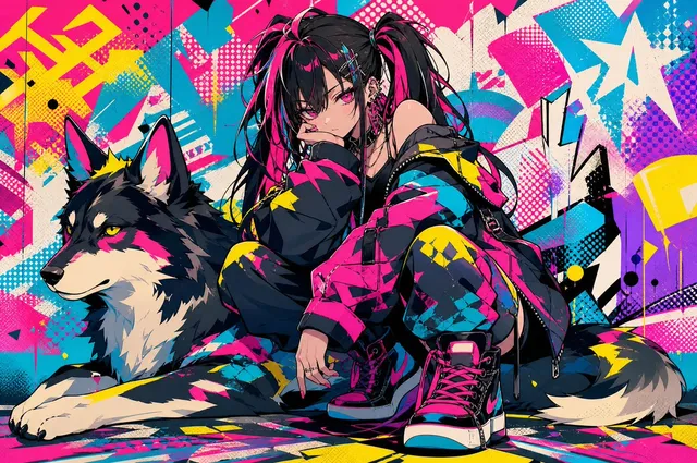 Neon Punk Girl with Husky