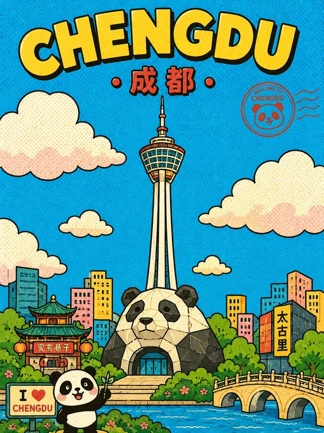 Cute Retro Chengdu Cartoon Poster