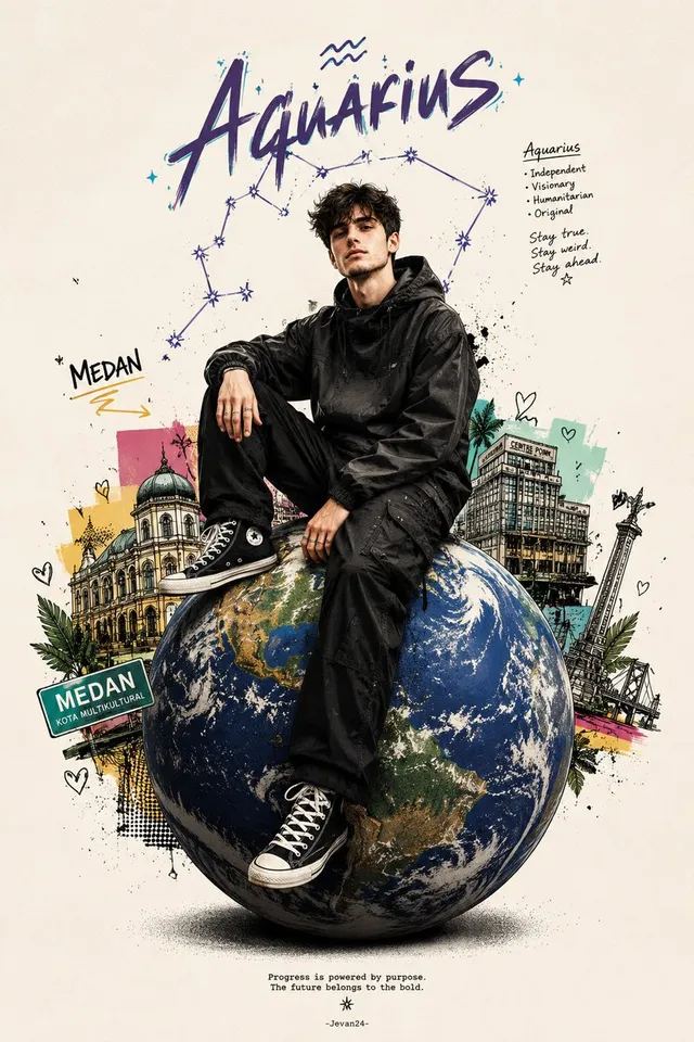 Zodiac Globe and City Doodles Poster