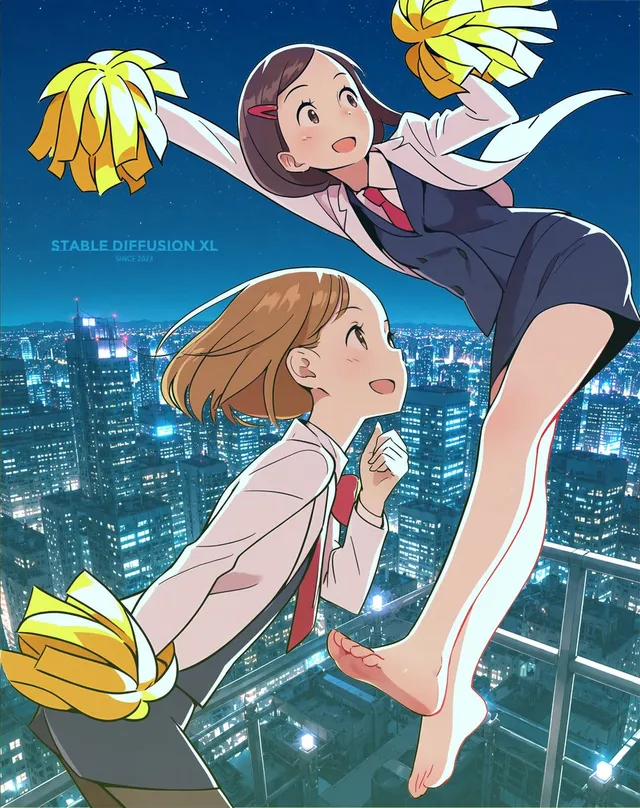 Anime Rooftop Cheerleaders at Night