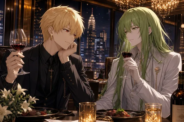 Elegant Anime Dinner with Two Fantasy Men