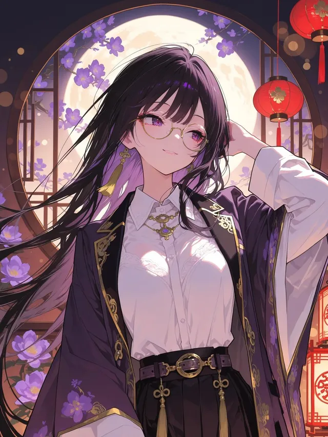 Moonlit Anime Woman in Ornate Kimono