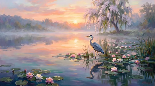 Calm Heron Sunrise Lake