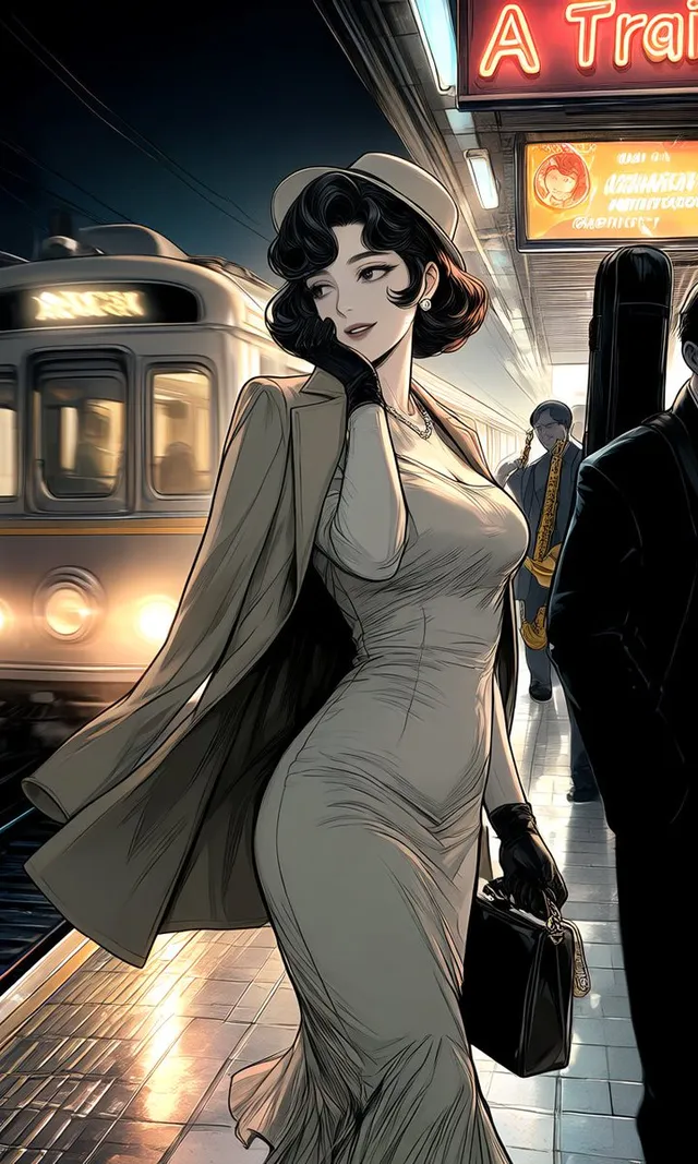 Elegant Woman on Night Train Platform